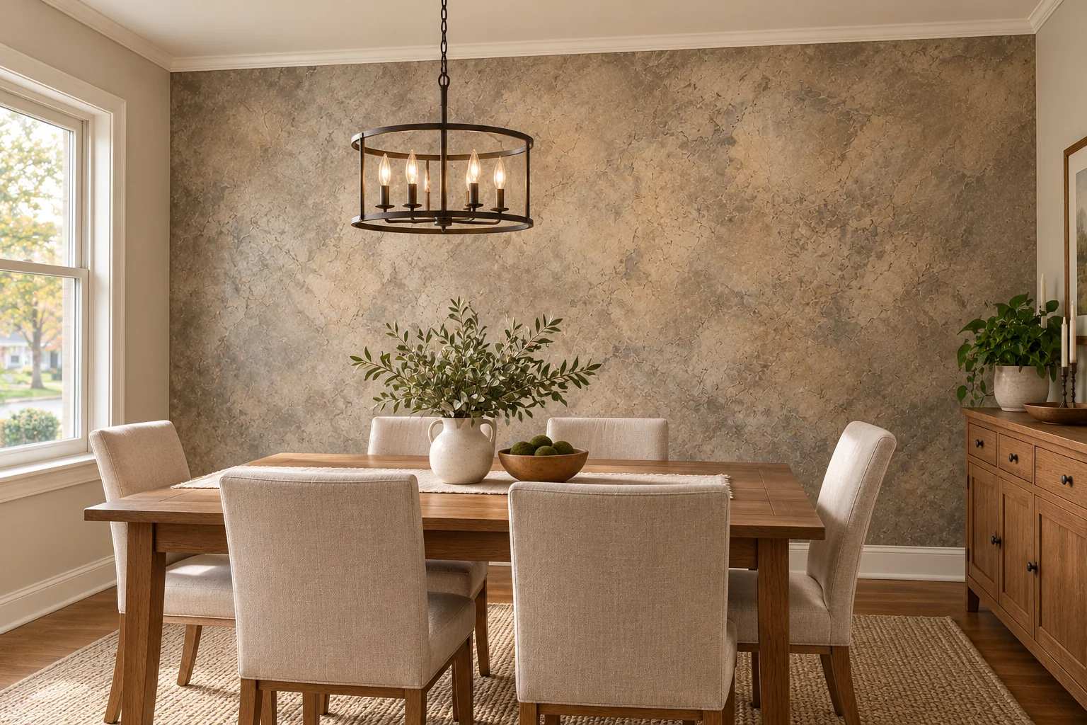 Everyday dining room concept with a warm greige finish wall