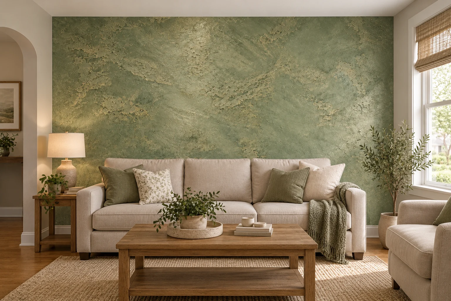 Everyday living room concept with a soft sage accent wall
